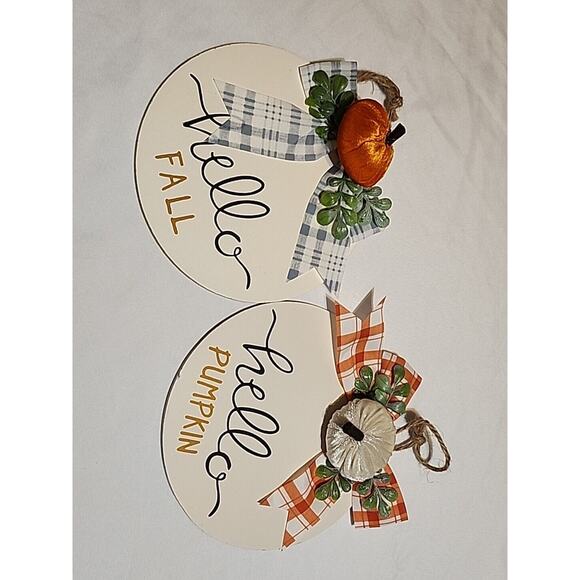 Set of 2 Fall Hanging Signs Pumpkins Ribbon Hello Fall Hello Pumpkin 8" Diameter - Picture 1 of 7